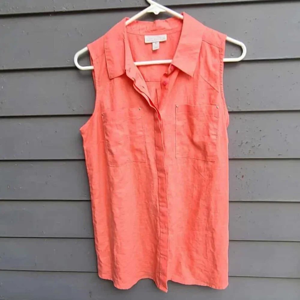 Dana Buchman Peach Linen Sleeveless Button Down Blouse size Medium